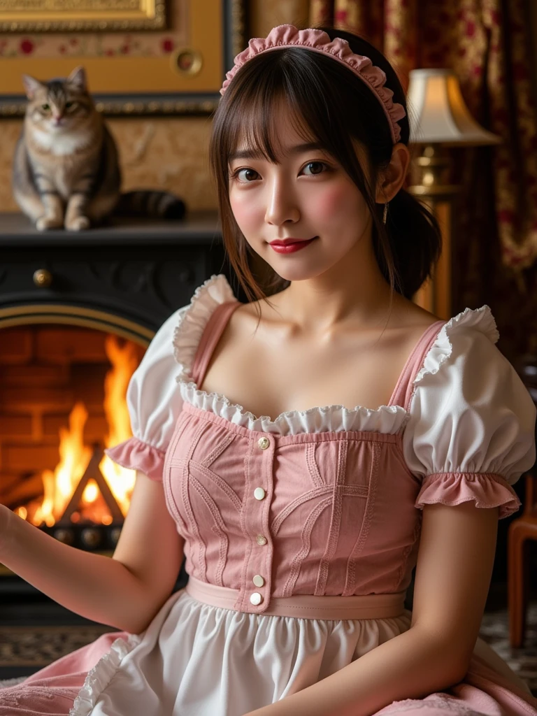 ultra-realistic, photorealistic, dramatic scene, shadow, global-illumination, solo, (20 years old Japanese famous idol girl:1.5), very beautiful fragile Japanese girl, very beautiful with very cute but boyish cool face, (modern maid, face focus:1.2), (wearing a cute colored maid outfits with frills:1.2), (extremely large breasts), slim waist, at the antique room in the European castle, gorgeous antique furnishings, flowers, She roasts marshmallows on skewers in the fireplace, the huge fat cat is sleeping near the fireplace, The gentle flames of the gorgeous fireplace look very warm, gentle smile