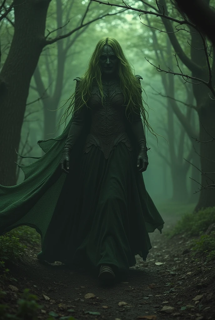 A witch with white hair, green skin, tall and scary, with a torn skirt, a long skirt, standing straight, wearing a witch's hat, and a long nose like in a fairy tale.