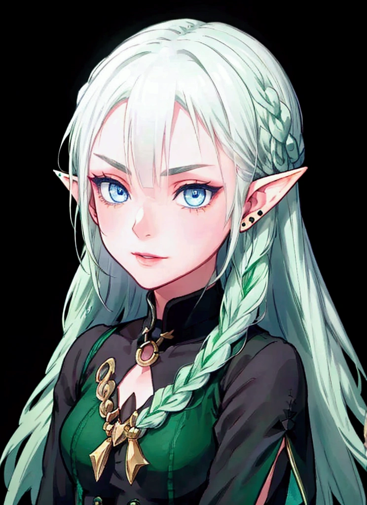 Black background with spotlight 、Green clothing、 short silver hair braided in Rinwell style、 pointed ears、Elf、 blue eyes、 Rough Outfit 、 long lashes