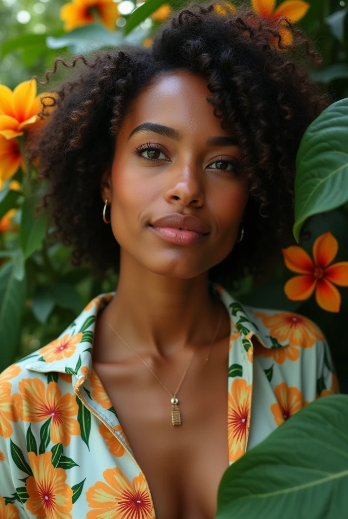 A Brazilian woman in a lush tropical garden, wearing an open shirt with a floral print, with a close-up capturing the harmonious beauty between her breasts and the natural flowers, showing off your natural charm and outgoing personality.