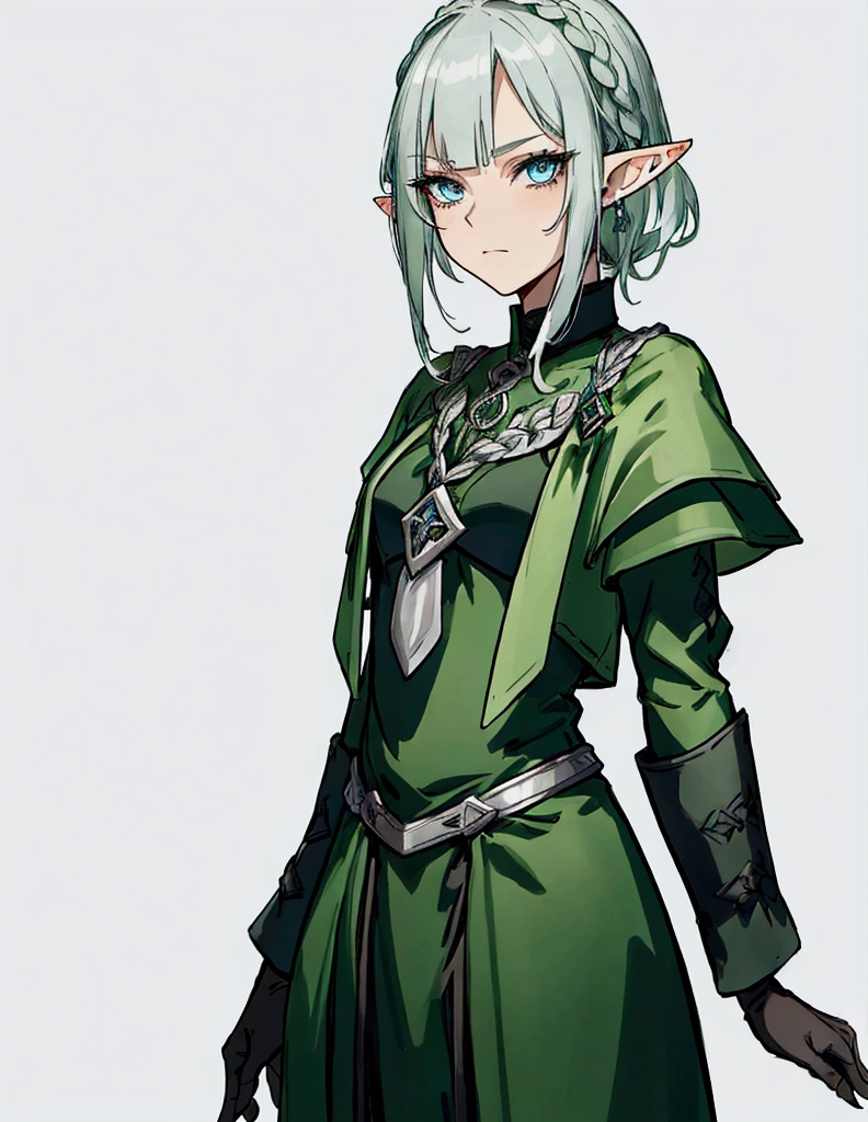 Black background with spotlight 、Green clothing、 short silver hair braided in Rinwell style、 pointed ears、Elf、 blue eyes、 Rough Outfit 、 long lashes