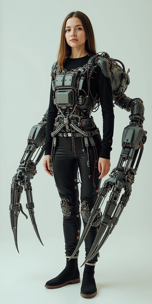 young woman stands proudly,  dwarfed by the mechanical centipede in her side. The stark contrast between her features and the industrial centipede machinery draws attention,the giant centipede wrapped her body, as if highlighting relationship between human and  hybrid machine.