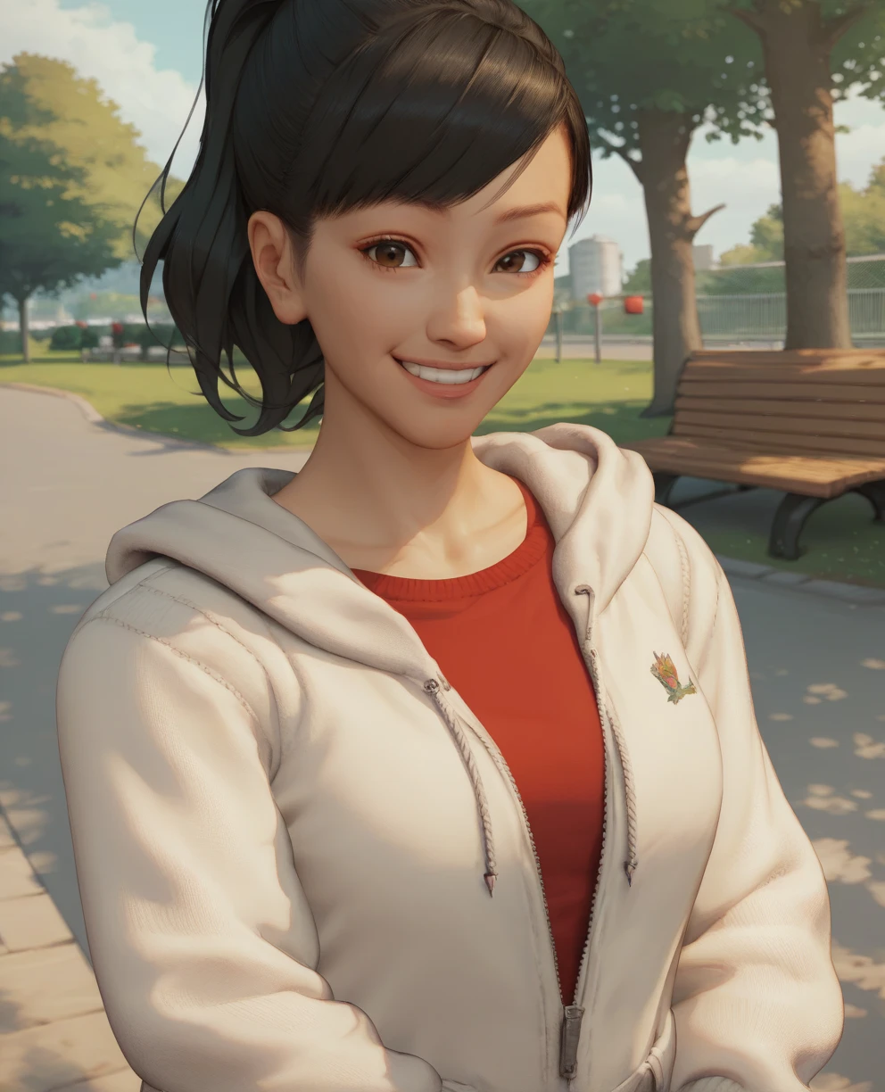 score_9,score_8_up,score_7_up,
harukaxl,brown eyes,black hair,ponytail,
red shirt,white sweater jacket,jean skirt,
standing,upper body,
smile,
outdoors,park,
