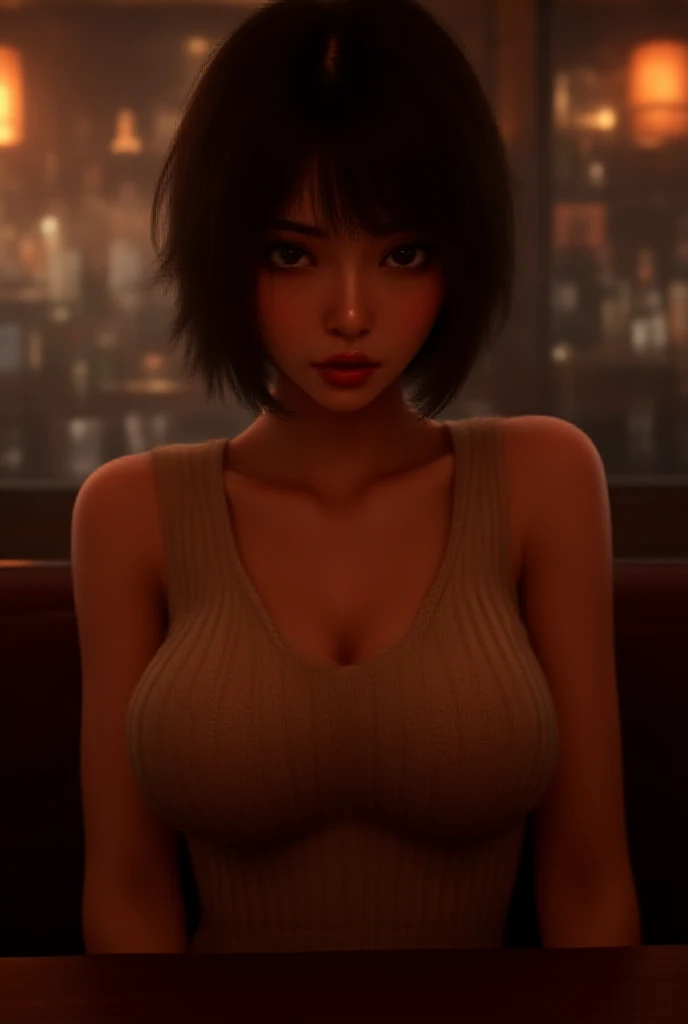 Character: beautiful, gorgeous, African american girl, dark skin short bob cut weave, wearing straight jacket, sittinng on black leather couch, wearing scream mask
Background/scene: night time, messy livingroom, bloom lighting
Setting: realistic, 4k, fantasy