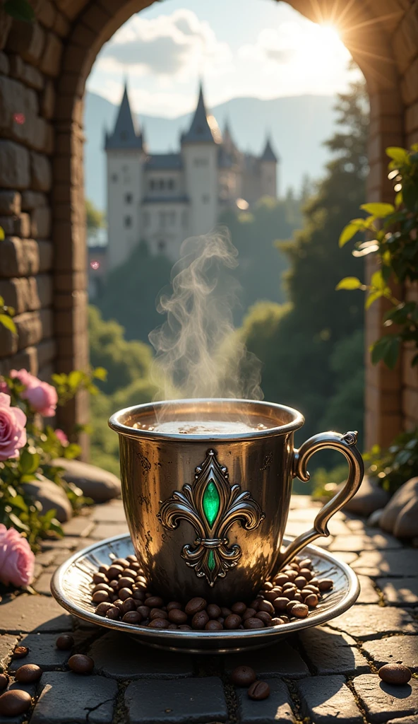 1 cup of hot Americano coffee ,  A very small and very short and very low coffee mug made of polished real silver , The coffee mug is light silver ,  in the center of a coffee mug engraved with a three-dimensional Fleur-De-Lis pattern with emerald decoration. Fluorescent green ,  area around the Fleur-De-Lis motif is a medieval Gothic art motif adorned with glowing emeralds ,  There is coffee smoke billowing out of the coffee mug elegantly but still looking natural. ,  The view of the image clearly shows the hot Americano coffee water inside the coffee cup , The coffee cup holder ear is on the right hand ,  The coffee mug is placed on a coffee coaster made of polished real silver ,  the coffee saucer is bright silver ,  coffee coasters engraved with medieval Gothic art motifs , . The area around the coffee cup contains complete coffee beans of the same size, placed together naturally inside the coffee saucer.,  features a small ivy branch lying on a natural coffee saucer. ,  The area around the coffee saucer contains complete coffee beans of the same size in large numbers, placed together naturally on the road floor.,  Coffee cups and coffee coasters perched on paved roads. A medieval pebble stone in the bottom center position of the image ,  The medieval gravel-paved road is a path connected from the central position of the , The background is Hohenzollern Castle, located on a low mountain ,  The left and right sides have trees and roses and lilies and brightly colored lavender flowers that It clearly represents the Middle Ages., . On the left and right there are pieces of tunnels that represent the Middle Ages. Clearly, ,  the left and right sides have long flags, red-gold triangular ends that present the family crest banner through the Fleur-De-Lis motif. Hanging directly in the tunnel. ,  Details of the architecture behind can be seen in detail and clearly through the view seen from the front. , In the sky, clouds and large midday devotional eyes transmit bright light. , The light from the midday sun splashes light on all corners of the image. , . The overall atmosphere of the picture is bright noon 