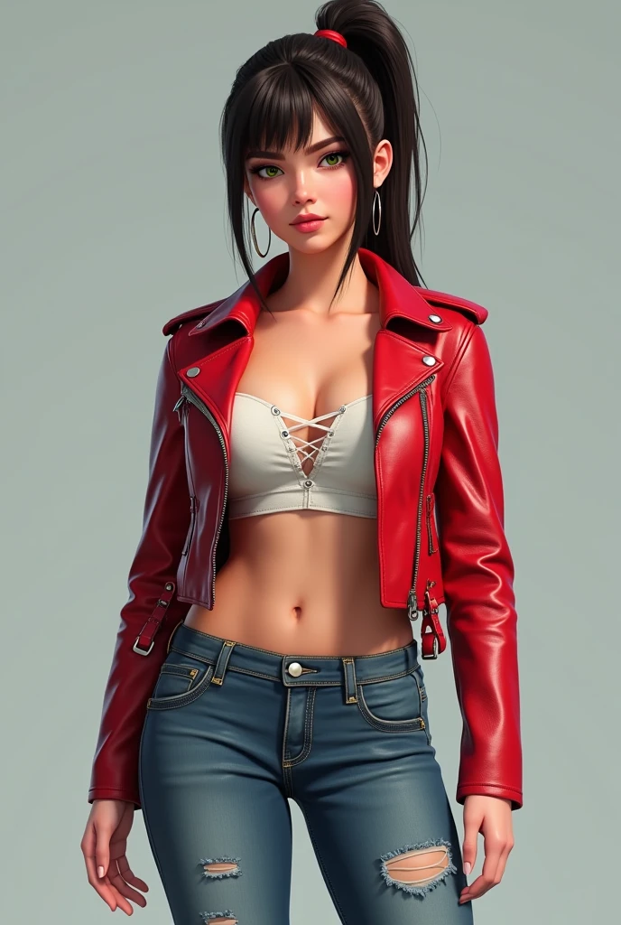 Victoria justice as beautiful female superheroine . dark brown hair brown eyes wears a black midriff top with a red stripe on the center and an opening on the chest , wears a domino mask. Wears a small pink leather jacket , wears black shorts that in red in the center, with the addition of fishnet stockings. Wears black boots with a pink outline portrait photography by artgerm, in the style of realism, glistening skin, , natural lighting, Defined full lips. fitness feminine body