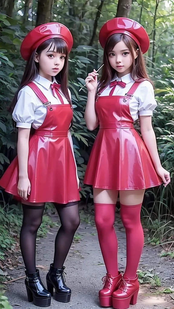  Two full bodies  , fitted figures,  two cute lolly beautiful schoogirls,  beautiful cute teen faces with big lips ,  High Waisted red  leather skater  pinafore dresses,  blouses short  puffy sleeves ,  High Waisted red leather skater fluffy pinafores dresses, red ties, brunette long hair,  Beautiful eyes. stockings,   thick platform shoes, two teen lolly girls standing in the forest ,  photorealistic, Full body