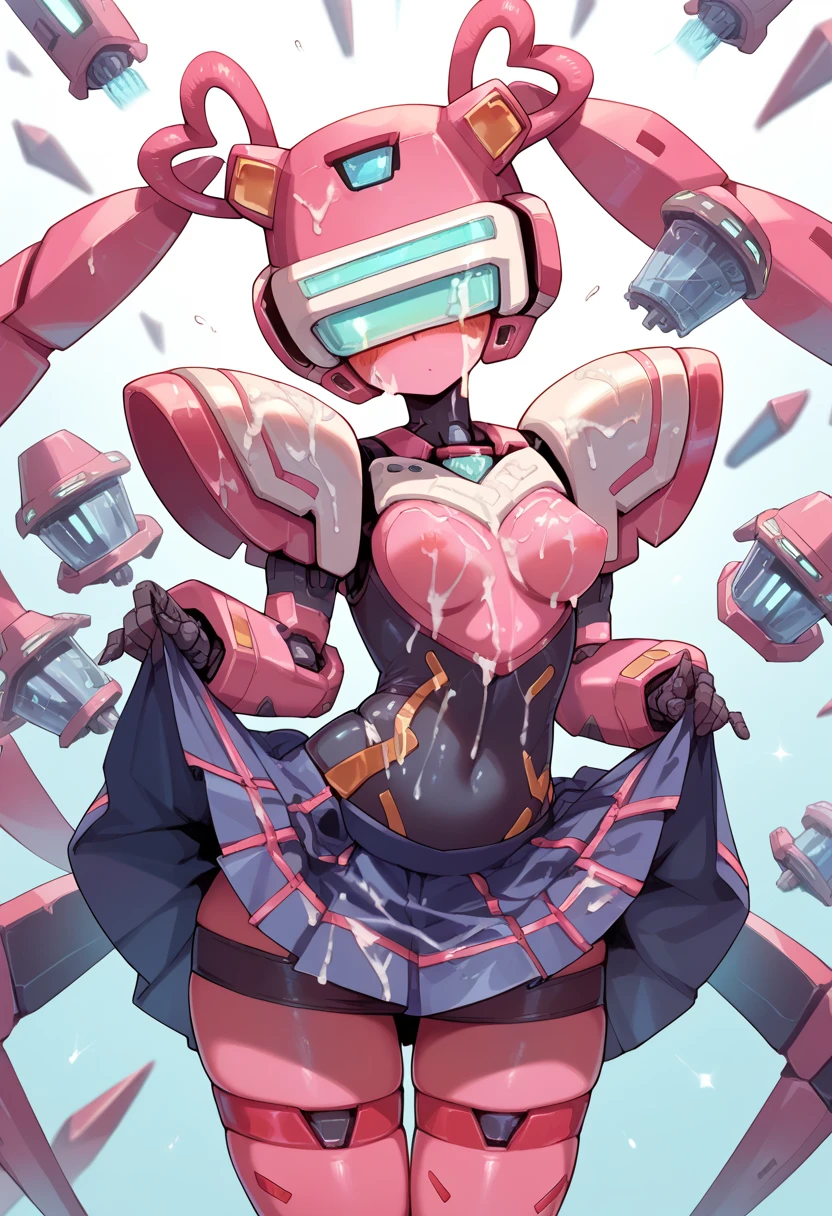 masterpiece, high definition , top quality,8k
(twintails,mechanical girl,mechanical body,mini skirt,mechanical goggle,pink body color,no mouth) (skirt lift up, bukkake)
