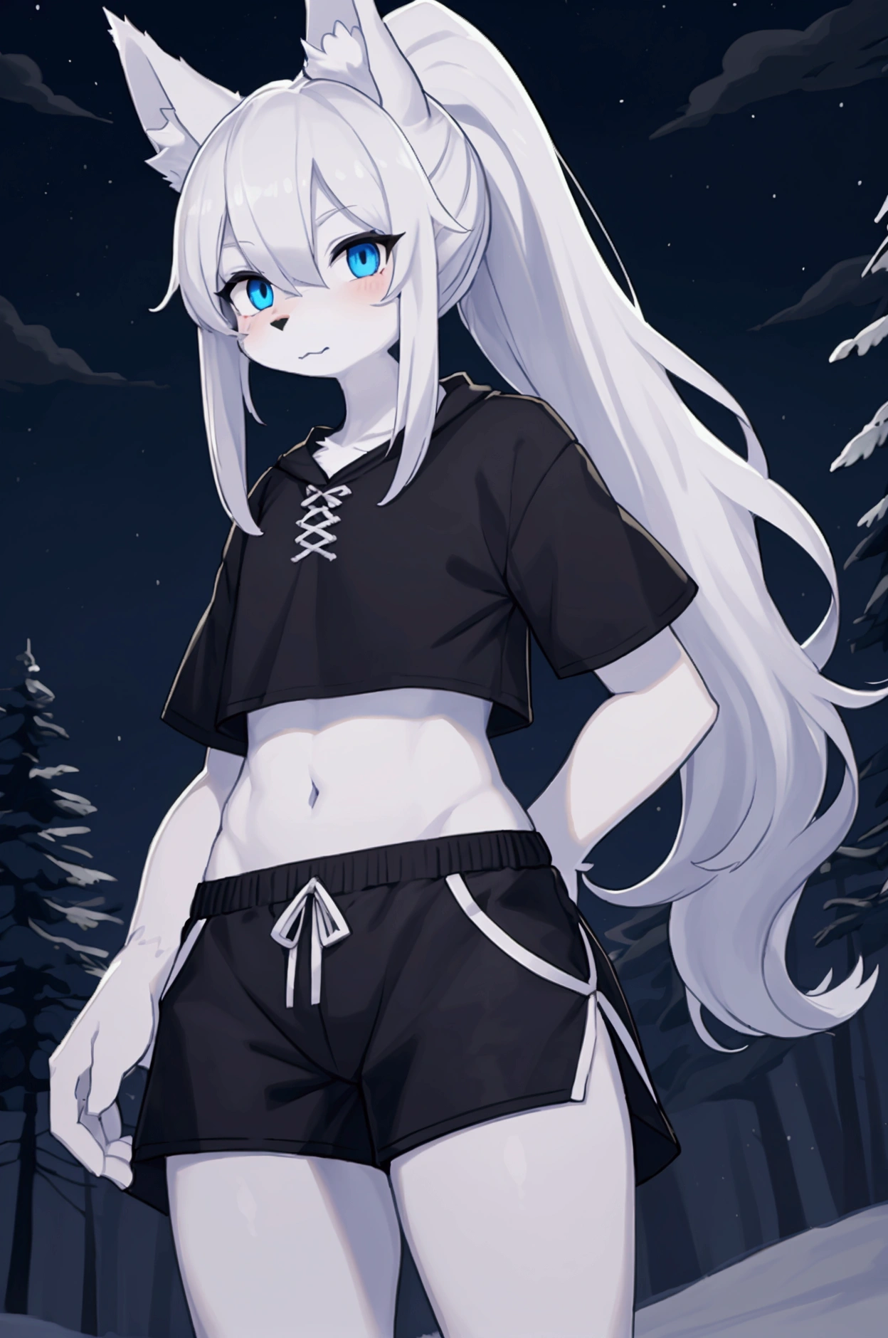  anthropomorphic wolf, wolf face,  white fluffy body , tall body,  long black disheveled hair , hair in a ponytail,  Hair covers one eye ,  blue eyes, White wolf ears , , cropped sports top , black shorts for boys,  hands behind your back duration ,  outdoors , Night