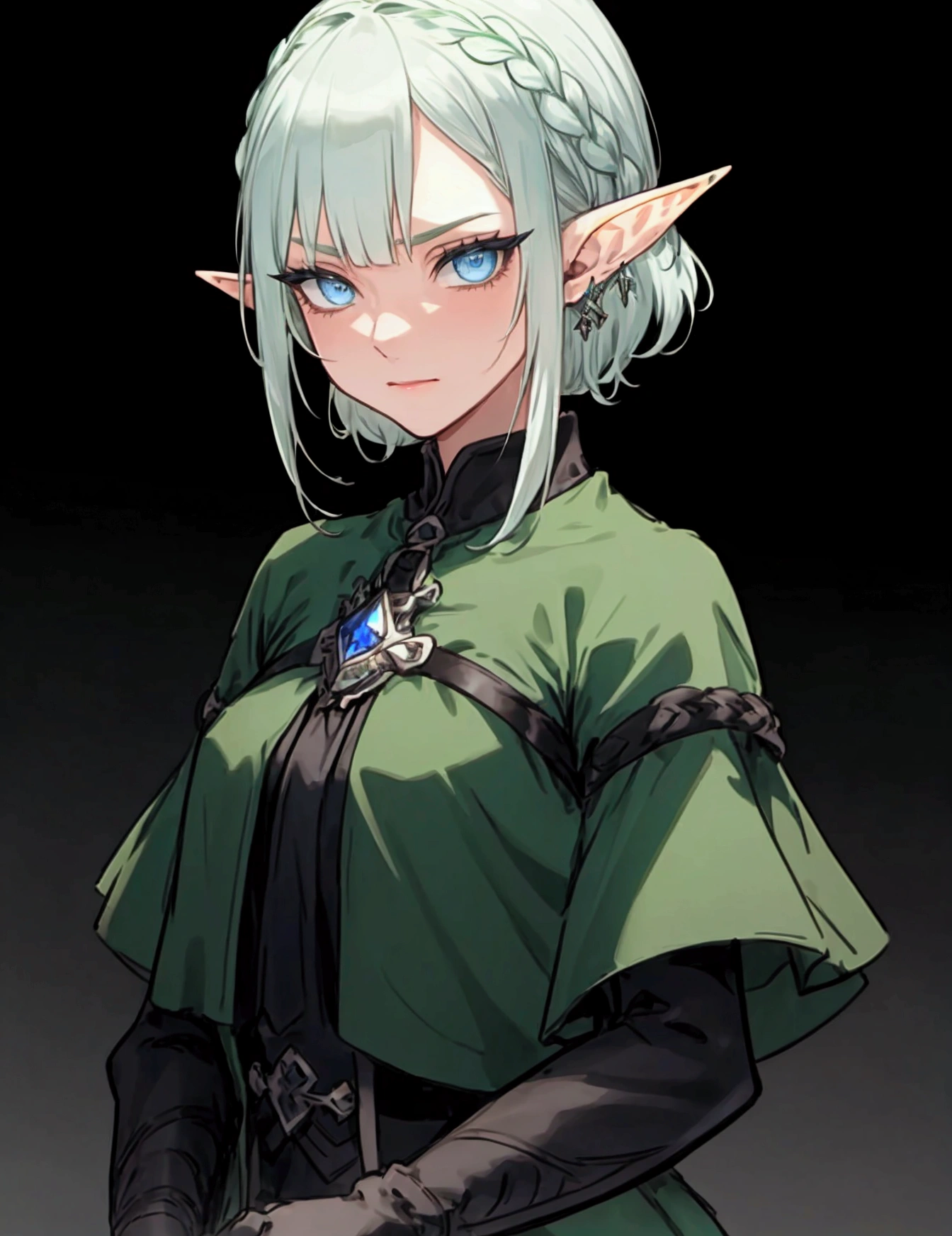 Black background with spotlight 、Green clothing、 short silver hair braided in Rinwell style、 pointed ears、Elf、 blue eyes、 Rough Outfit 、 long lashes