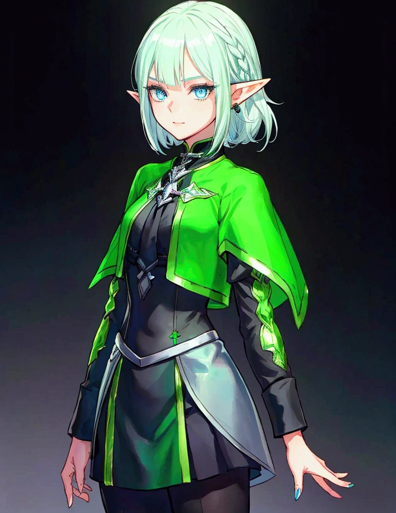 Black background with spotlight 、Green clothing、 short silver hair braided in Rinwell style、 pointed ears、Elf、 blue eyes、 Rough Outfit 、 long lashes