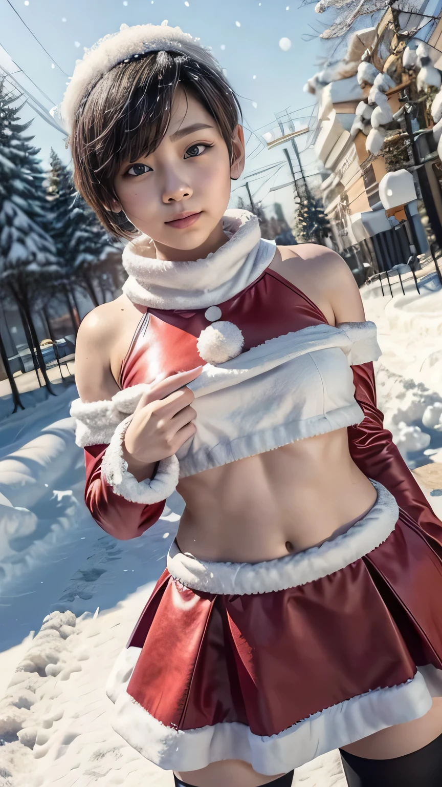 25 year old woman with short undercut indigo hair dressed in a skimpy santa outfit with miniskirt, cleavage, belt. Blue eyes with eye liner. Neutral background