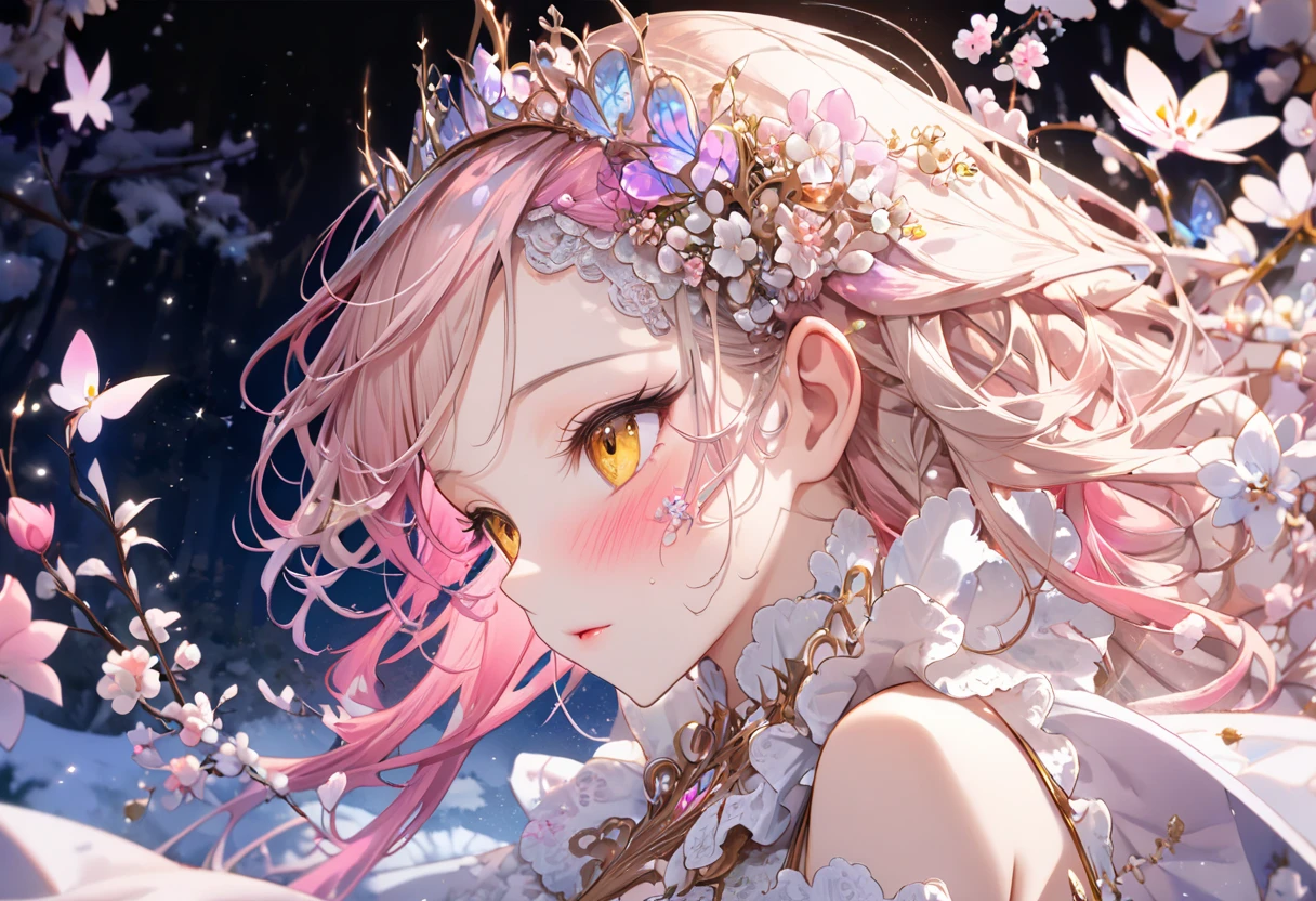 ((best qualtiy)), ((tmasterpiece)), (the detail),((Anthropomorphic illustration))，A girl wears a blue long-sleeved dress，Elk antlers are worn on the head，Antlers are worn on the head，White clouds in the background，Pink and blue，Dreamy，anime big breast，hand painted style，WaterColor Paint --auto