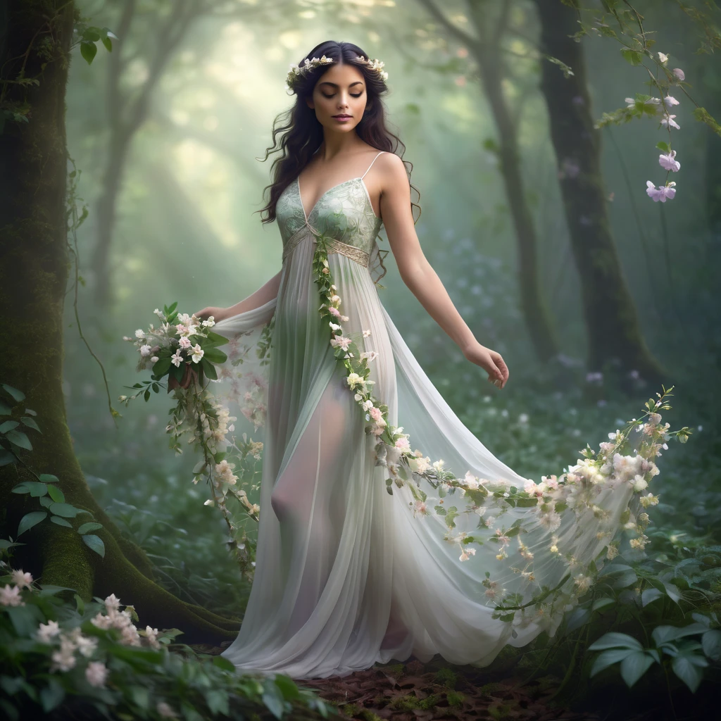 A stunning, elegantly posed, barefoot brunette beauty in soft focus, wearing only delicate flowers woven into her flowing tresses, a drape of leaves adorning her torso, set against a lush, fog-enshrouded forest glade, early dawn, ethereal digital art, dream