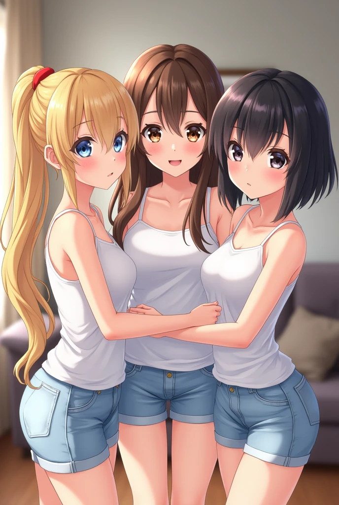 Three beauties，play，Bare thighs，Forgot to wear shoes，chase，Translucent top