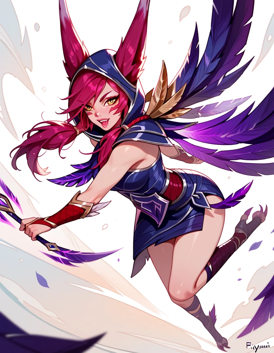 anime style, league of legend xayah, xayah, dynamic angle, dynamic pose