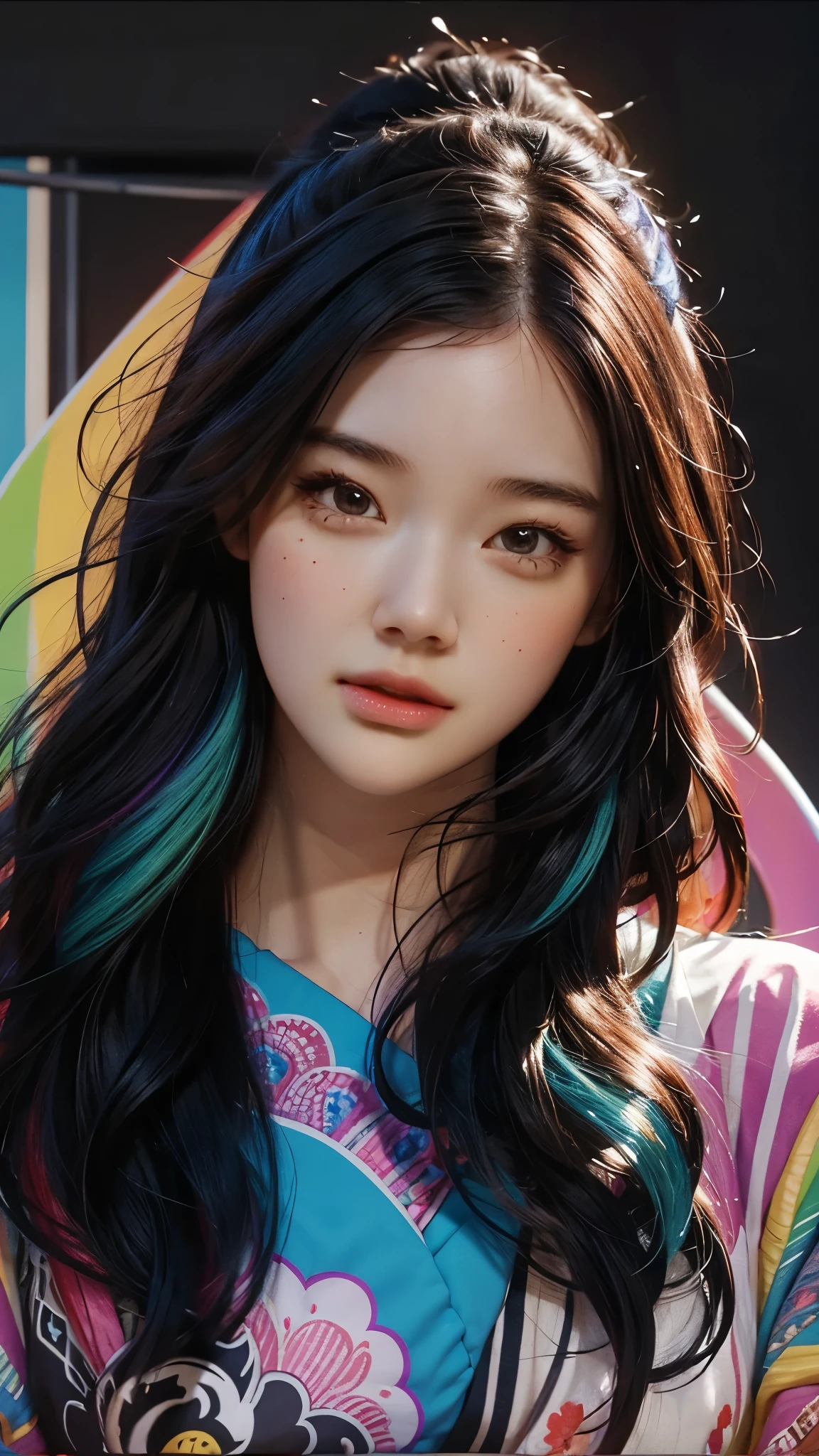 (   colorful big silhouette top ,  Everyday wear and trendy style:1.0), 8k wallpaper, wonderful, (masterpiece), (   top quality), ( VERY DETAILED ), (illustration), (   very detailed and beautiful   ),dynamic angle,rainbow hair   , Detailed and cute face   ,   very detailed and beautiful   girl,