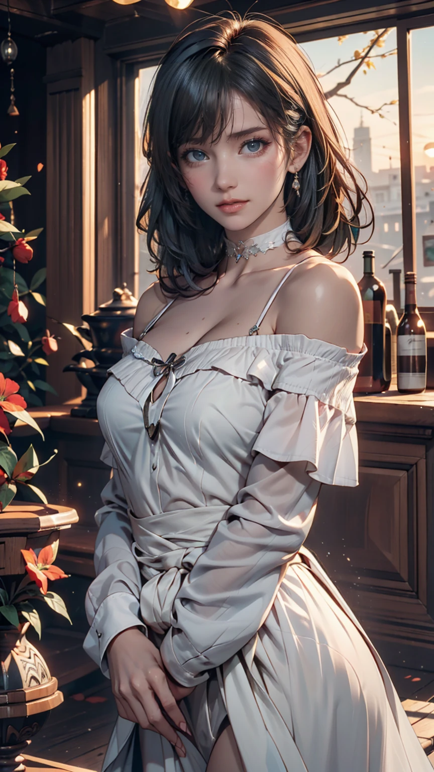 masterpiece, Highest quality,3dレンダリング作品 ,3dMMスタイル,close,Portraiture, 3d,One girl, alone, Multicolored Hair, Blue Hair, Black Hair, necklace, freckles, jewelry, Two-tone hair, Look to the side, Realistic,Simple Background, bangs, avert your eyes, short hair, parted lips, Iris, lips, Gothic, choker, compensate, Mole, black shirt, shirt, watermark、Off-the-shoulder lace dress（You can see through your bare skin)、Stiletto heels