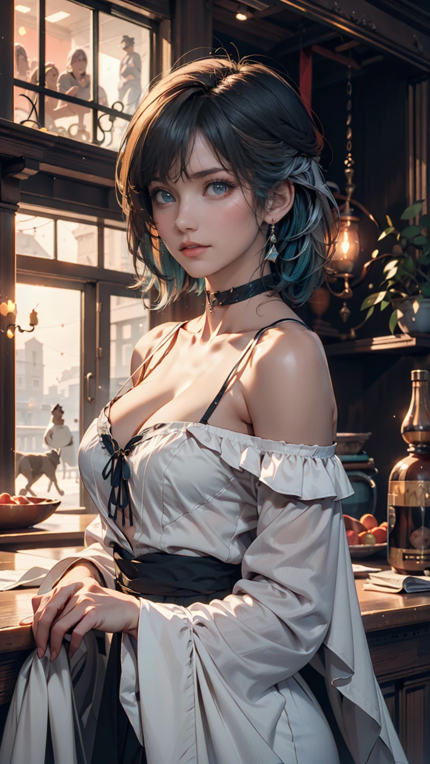 (Details of a very beautiful face), (Best Quality:1.4), 8K resolution, High resolution, 1woman, Beautiful woman, Beautiful woman of the highest grade, Super beautiful detailed face, smooth skin, very detailed beautiful eyes, fine skin texture, Gloss on lips, thin waist, Large ass, seductive look, choker around neck, (masterpiece, best quality: 1.2), solo, 1girl, odelschwanck, green hair, skull, torn clothes, small breasts, cleavage, skirt, belly out, underboob, seductive, sexy, hourglass figure, hourglass body, curvy, wide hips, skinny belly, skinny, thick thighs, bare shoulders, black choker, coy, hands, whole body, feet, (bent over)
