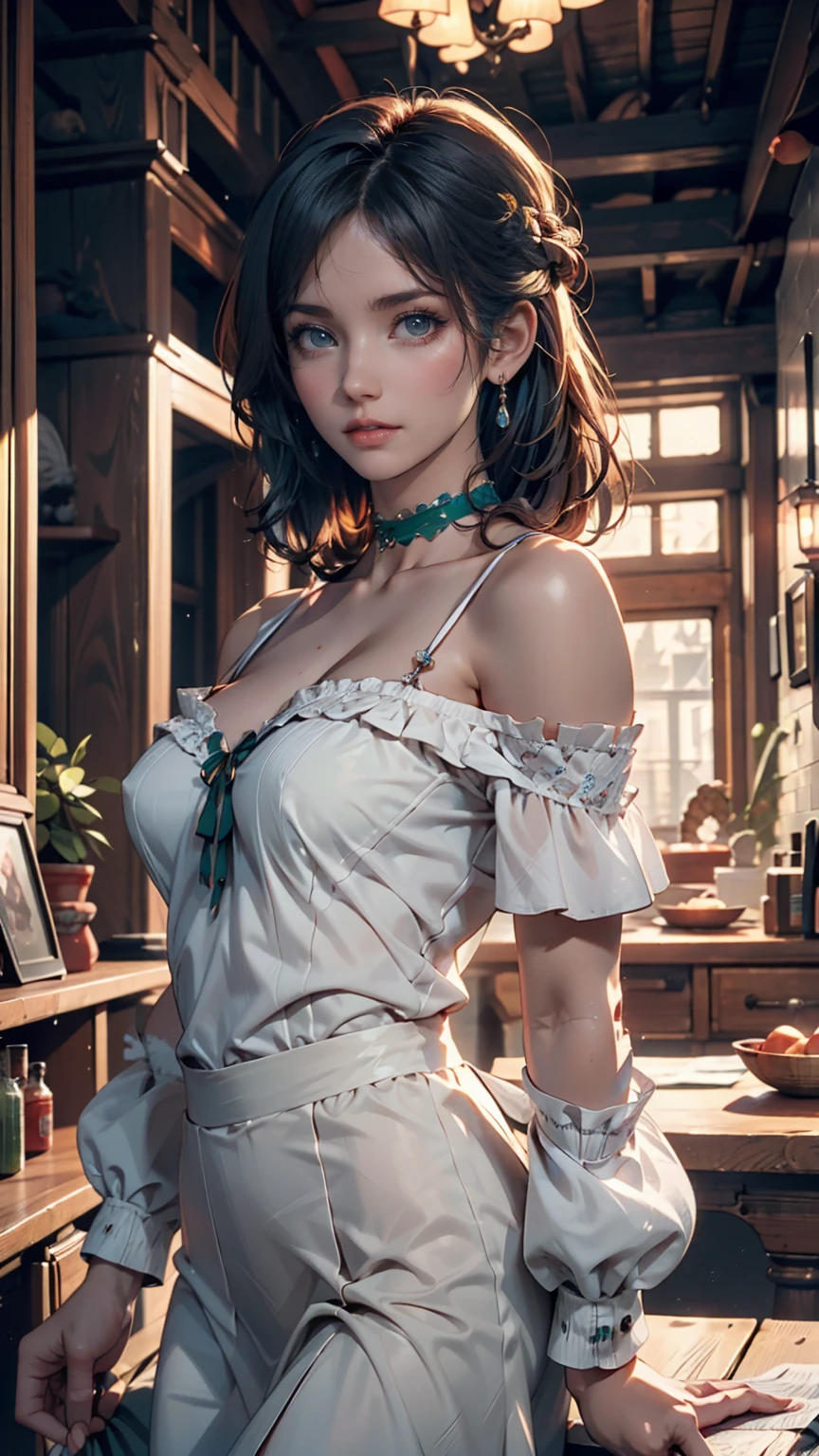 masterpiece, Highest quality,3dレンダリング作品 ,3dMMスタイル,close,Portraiture, 3d,One girl, alone, Multicolored Hair, Blue Hair, Black Hair, necklace, freckles, jewelry, Two-tone hair, Look to the side, Realistic,Simple Background, bangs, avert your eyes, short hair, parted lips, Iris, lips, Gothic, choker, compensate, Mole, black shirt, shirt, watermark、Off-the-shoulder lace dress(You can see through your bare skin)、Stiletto heels