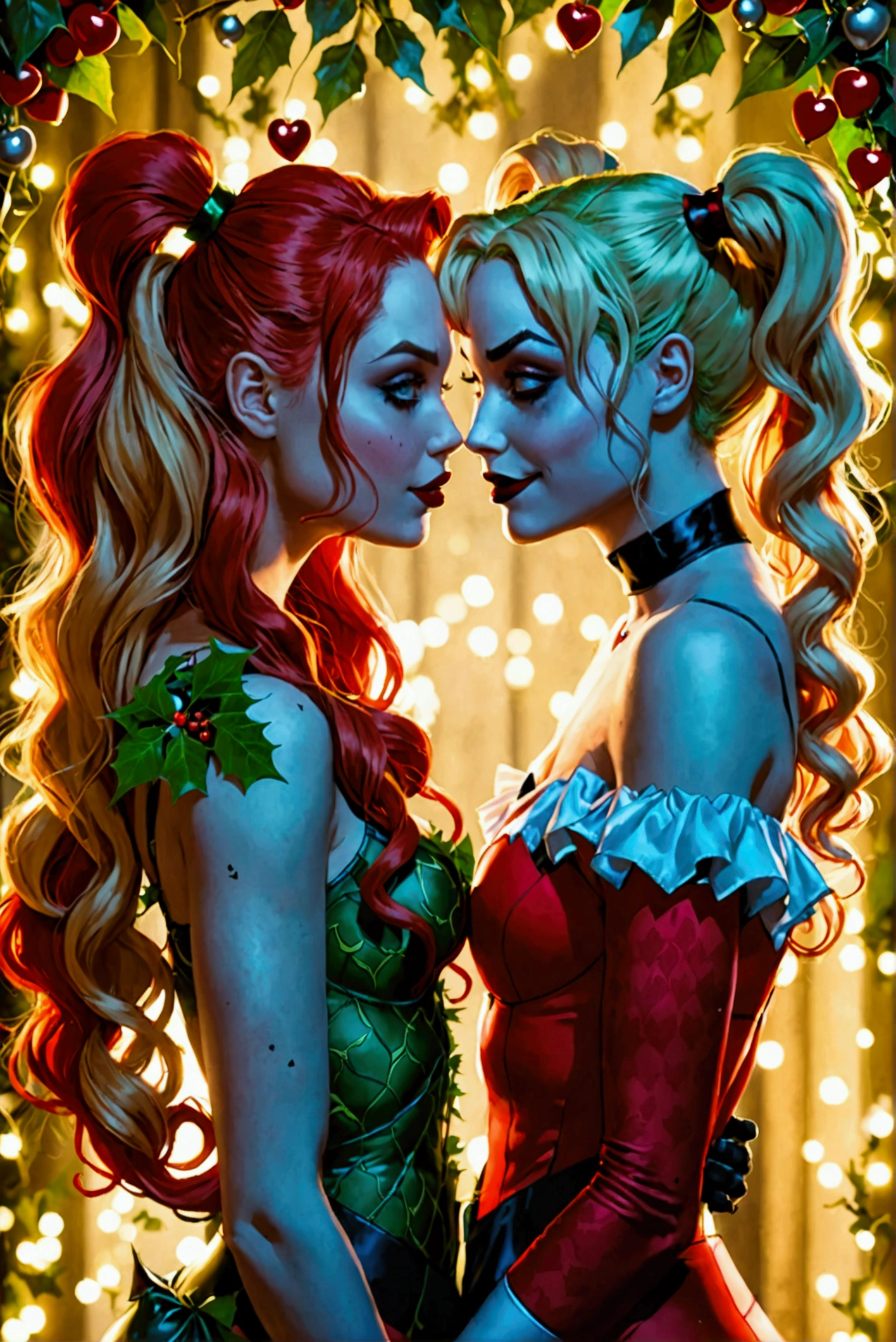 naked poison ivy and harley quinn embrace while covered in blood