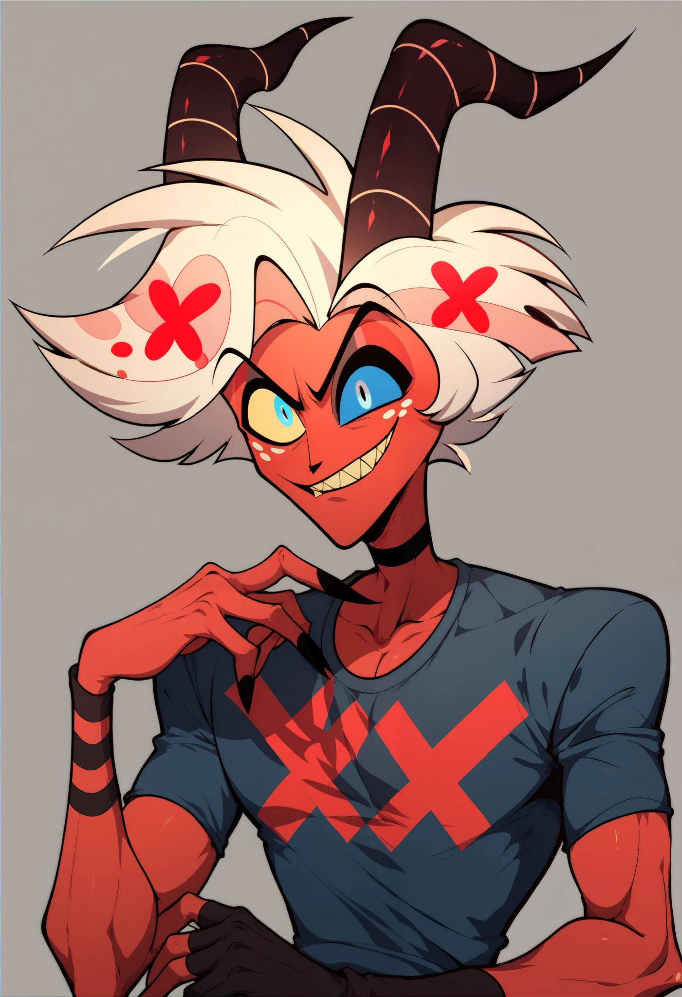 An hazbin hôtel character, with a red skin, a guy who seems angry, with black and with black horns (2d hazbin hôtel art style), a guy, blue eyes 