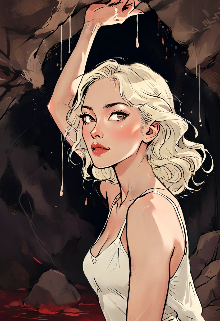 Hand drawn, illustration, animated styled picture of Sofia Ivanova, Swiss-Russian heritage; tall, slender woman with a supermodel physique, porcelain skin, high cheekbones, and a delicate jawline. Long platinum blonde hair with chestnut undertones, falling in soft waves to mid-back. Light hazel almond-shaped eyes, slightly upturned nose, and full, rosy lips. Wearing nothing. cut bloody, and bruises, hanging upside down, in a dark cave. Feet are latches to the ceiling. Arms raised, eyes closed, body is limp

