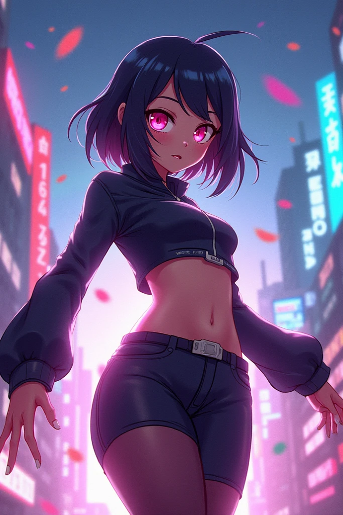 She a bully in school,she have crimson eyes and black tomboy hair,she have a sexy body,she have grin smug smile face and a scar under left cheek,she wear hoodie.