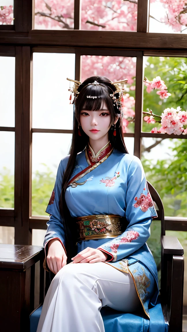 portrait，An ancient Chinese woman ，Bangs, long hair,  wearing an ancient Chinese costume ，Cherry blossom dress ， sitting on a chair ， looking at cherry tree outside bamboo window，