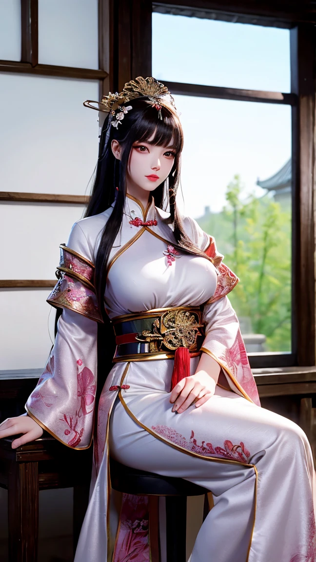 portrait，An ancient Chinese woman ，Bangs, long hair,  wearing an ancient Chinese costume ，Cherry blossom dress ， sitting on a chair ， looking at cherry tree outside bamboo window，