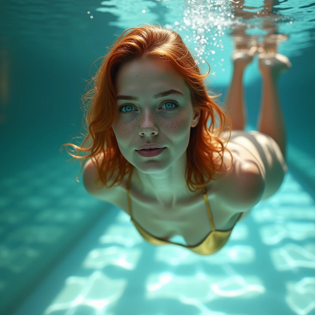 perfect face, beautiful, 25 year old, redhead, woman, ((underwater in a pool)),long wavy hair, bright red hair, hair floating in water,freckles, freckles on chest, grey/green and well-detailed eyes, eye liner, sultry eyes, full lips, lip gloss, smiling,narrow waist, (small breasts), small nipples, hard nipples, naked ,(((fucking a dildo))),(dildo stuck to side of pool),red pubic hair, pierced navel, side view