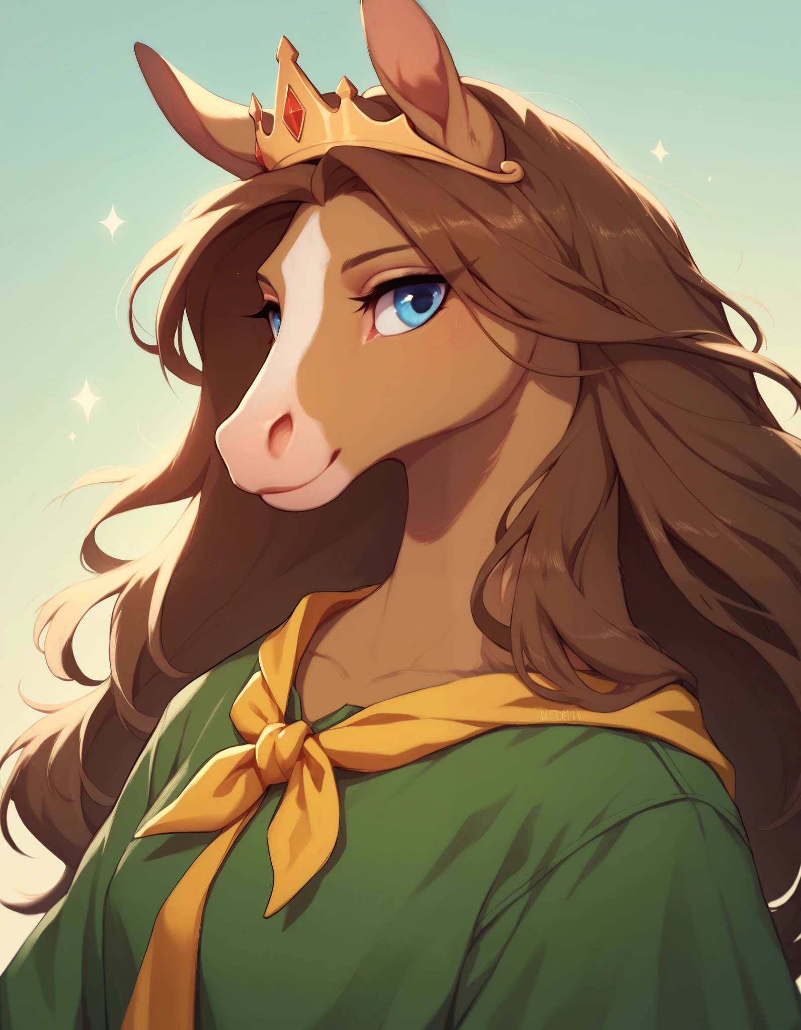 cwew, solo, anthropomorphic horse, 1 girl, furry female, furry horse, light brown fur, blue eyes, long snout, dark brown mane, green clothes with large yellow stripe, crown,