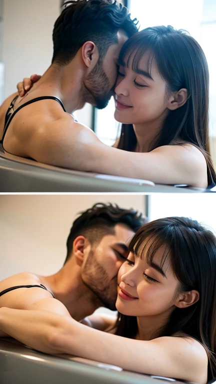 Best quality, couple, Indonesian face, masterpiece, super high resolution, making love in bed, full sensual and sexy, super beautiful face, pure body, clearly visible pores, (smile: 0.8), completely naked (lace bandeau : 1.2 ), (realism:1.5), original photo, sweating, bare shoulders, in a dark light room, dark shadows, humble, cold light