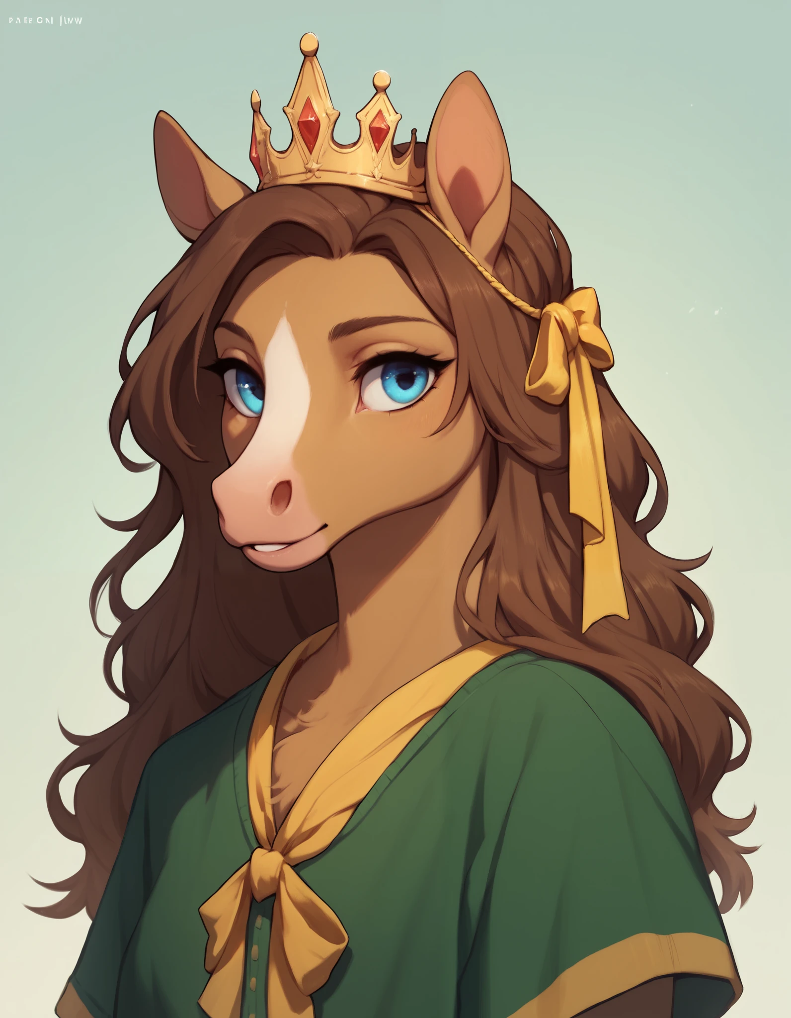 cwew, solo, anthropomorphic horse, 1 girl, furry female, furry horse, light brown fur, blue eyes, long snout, dark brown mane, green clothes with large yellow stripe, crown,