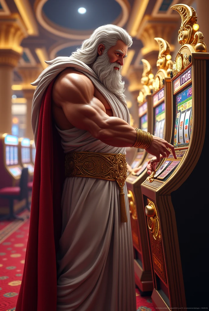 cinematic image of zeus ,inspired by greek characters ,detailed background ,8k,super detailed,inspired by stoicism characters playing slot machine casino