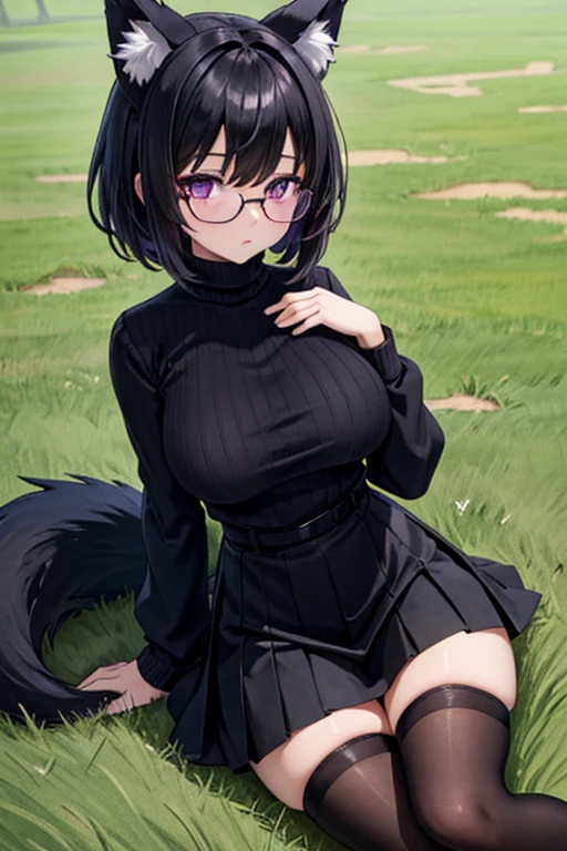 a girl with short black hair, black fluffy fox ears, a black fluffy tail with a white tip, light violet eyes, a tight black sweater with a turtleneck, large breasts, a short skirt, glasses, black stockings and a bow on the left side of the head, lying on the grass