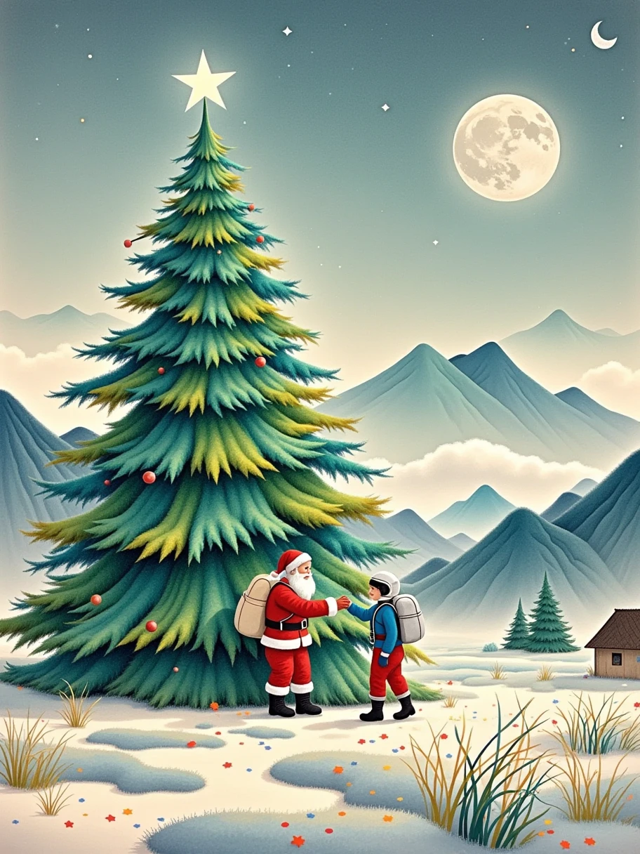 Colored lead watercolor ， coil illustration style art ， depicting a huge Christmas tree growing on the moon， Q version of wool felt ， An astronaut shaking hands with Santa Claus ， looks very small in front of the Christmas tree ，hazy，dream，Layering，Artistic illustration