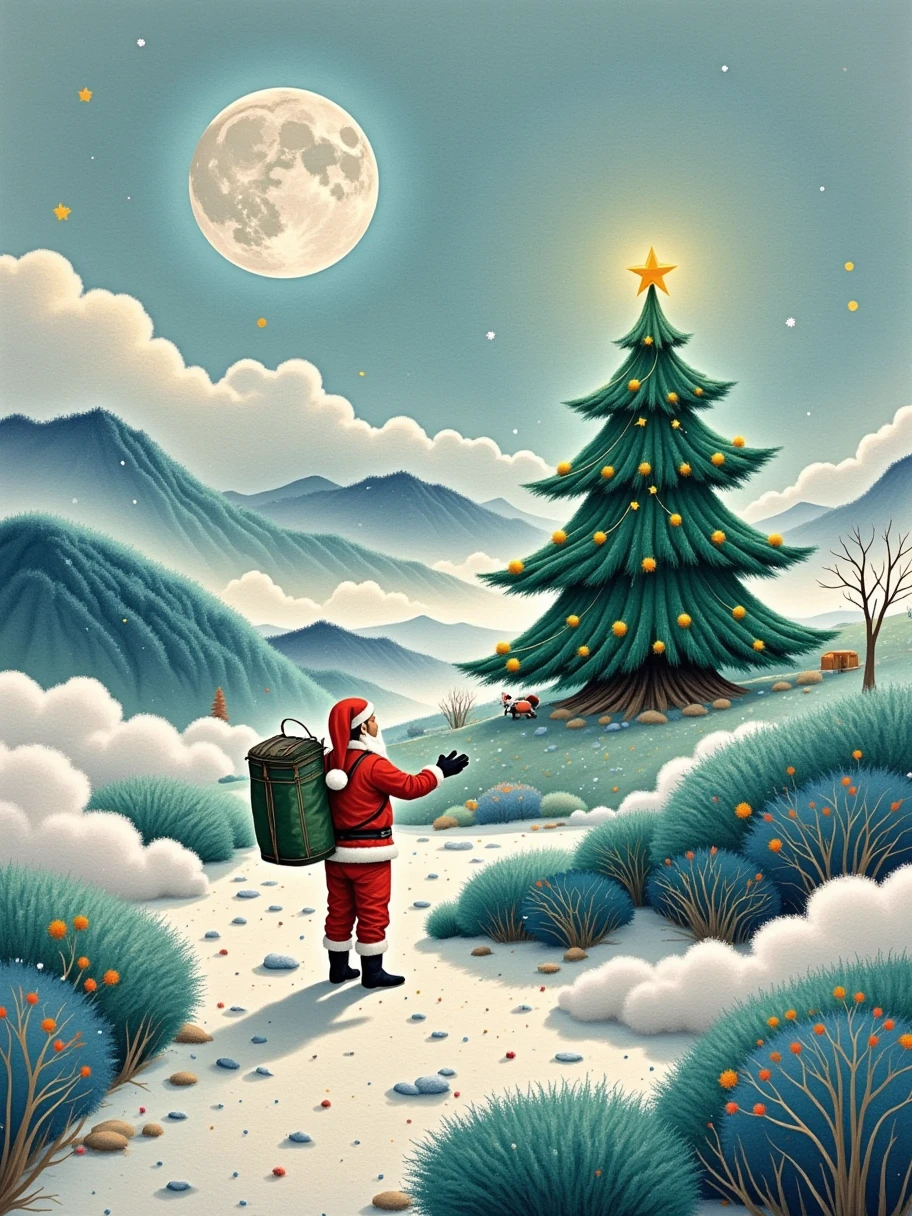 Colored lead watercolor ， coil illustration style art ， depicting a huge Christmas tree growing on the moon， Q version of wool felt ， An astronaut shaking hands with Santa Claus ， looks very small in front of the Christmas tree ，hazy，dream，Layering，Artistic illustration