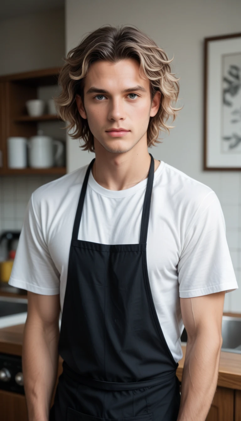 score_9, score_8_up, score_7_up, Raw Photo, Cowboy Shot, a boy with curly shoulder length dirty blond hair, wearing a white t shirt and black work apron, depth of field, dynamic angle, photo realistic:1.4, realistic skin:1.4, fashion photography, sharp, analog film grain, hyperdetailed:1.15