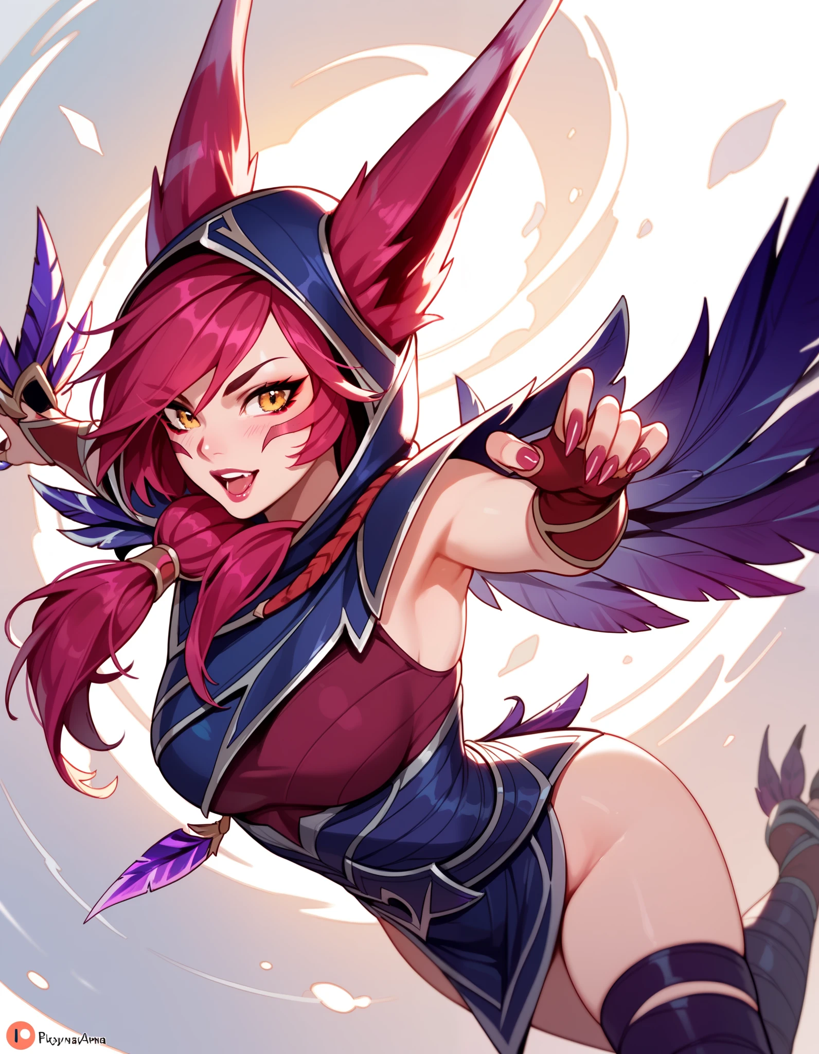 anime style, league of legend xayah, xayah, dynamic angle, dynamic pose