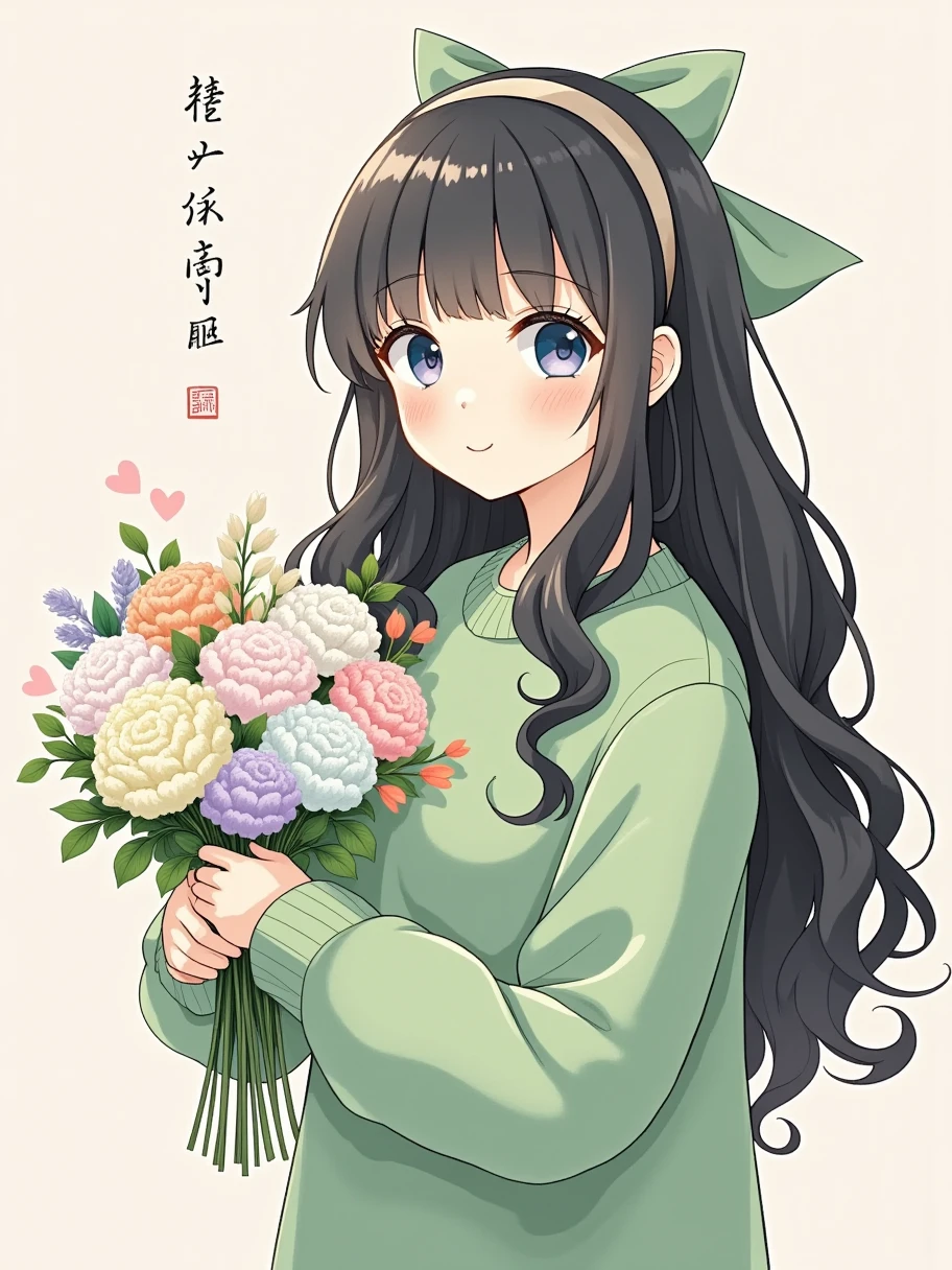  A beautiful sister with long curly hair ， wearing a tender green sweater ， wearing a beautiful bow hair rope on her head， holding a bouquet of flowers in one hand ，，Sister facing the camera ，Kasuga，Chinese style illustrations，Character Illustration， comic style， solid background 