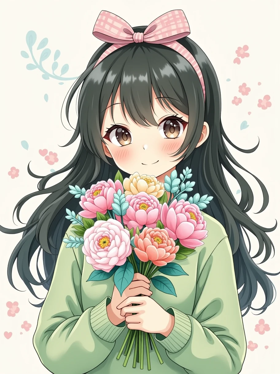  A beautiful sister with long curly hair ， wearing a tender green sweater ， wearing a beautiful bow hair rope on her head， holding a bouquet of flowers in one hand ，，Sister facing the camera ，Kasuga，Chinese style illustrations，Character Illustration， comic style， solid background 