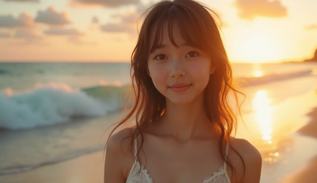 beach, sunset, soft lighting, closeup portrait photo of a cute idol in a swimsuit, playful pose, smiling, vibrant colors, photorealistic, high detail