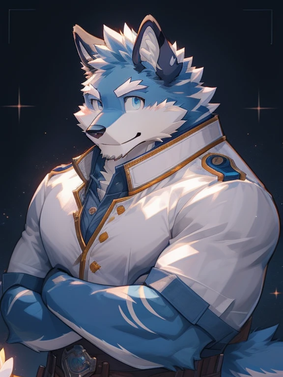 Detailed CG animation,Body hair,Charming and exquisite hair,(Argo),Bright eyes,White,Blue fur,The background is the Knight Academy,young,4K Beautiful Views,smile