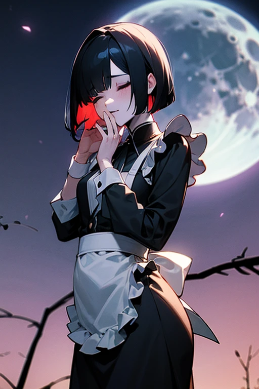 closes the eye, black hair, short bob , white skin, slender ,woman,Blind, closes the eye,Black long sleeve maid outfit,Full moon night,glasgow smile,vampire