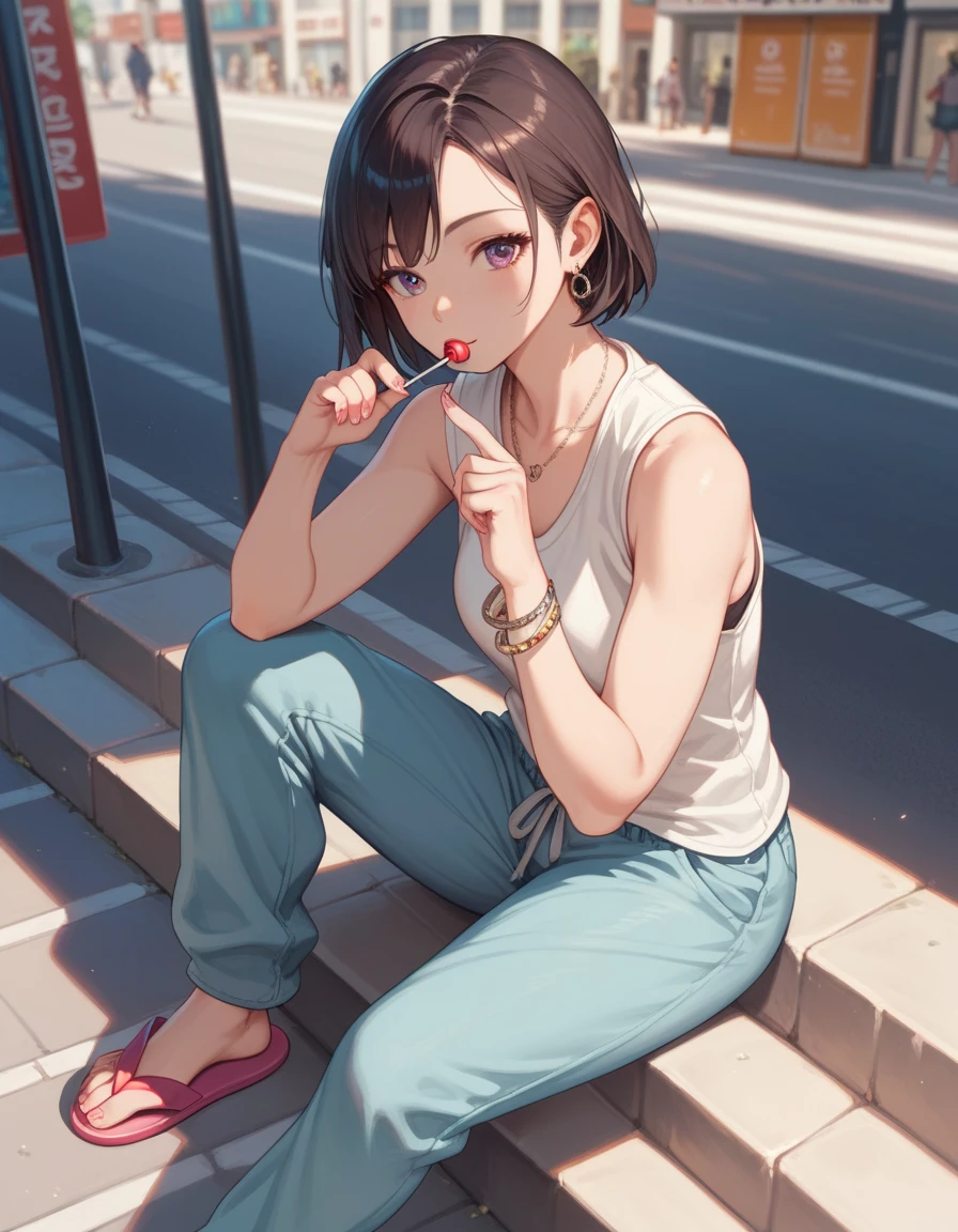 ((anime style, detailed finger)), 1 woman, dynamic angle, street, sit, sleeveless shirts, loose pants, flip flop, lollipop