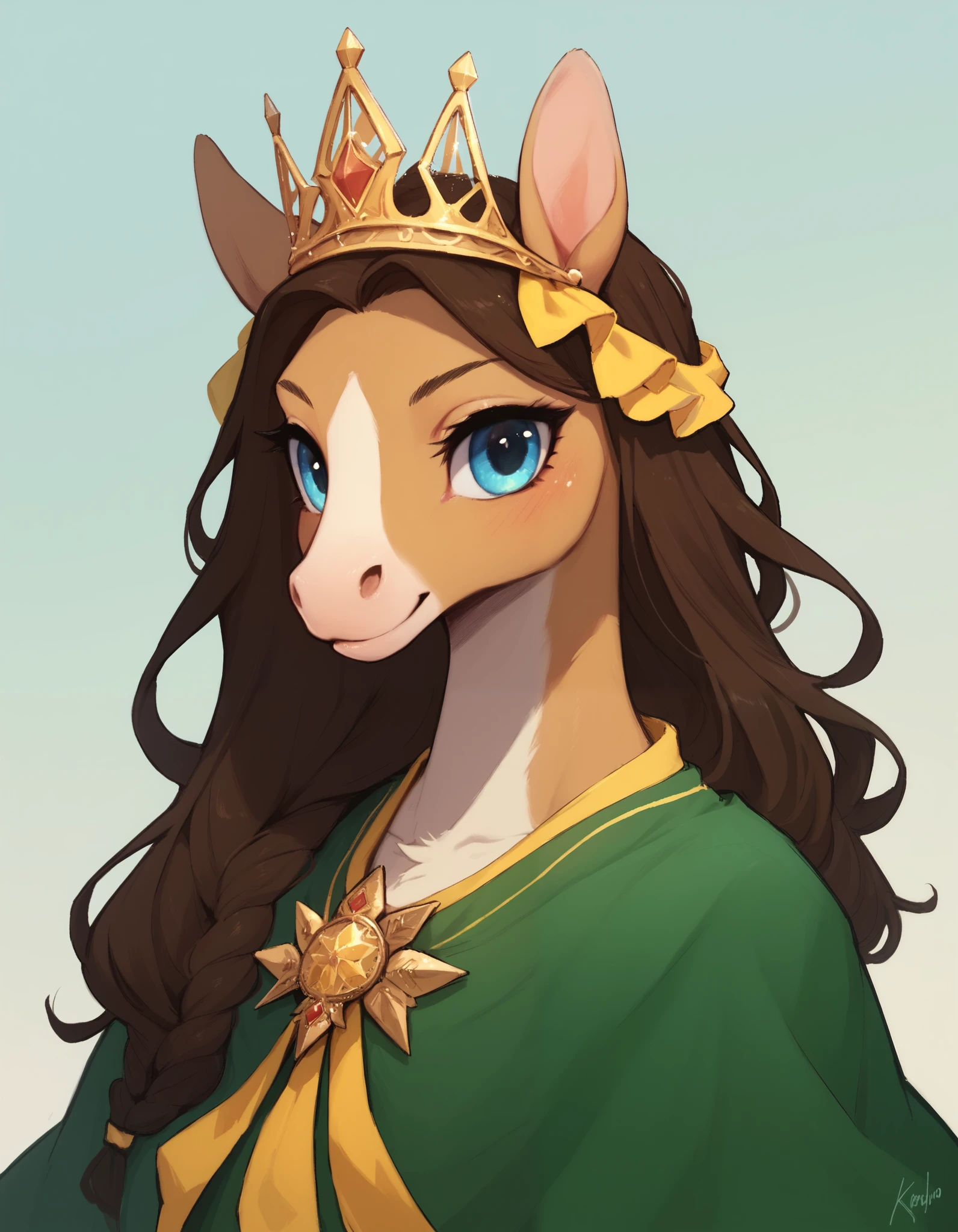 kimkrab, solo, anthropomorphic horse, 1 girl, furry female, furry horse, light brown fur, blue eyes, long snout, dark brown mane, green clothes with large yellow stripe, crown,