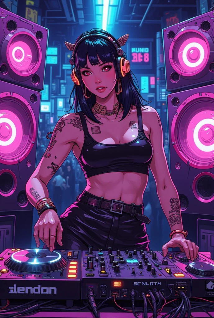 upper body, female dj, colorful clothes , quirky, vibrant appearance, playful accessories, creative behavior, imaginative, sensual, spontaneous, dj headphones, mixing console, music club, night club, indie theaters, people dancing on the dance floor background, underground danceclub, highest quality, skin texture, intricate details, (cinematic lighting), RAW photo, 8k