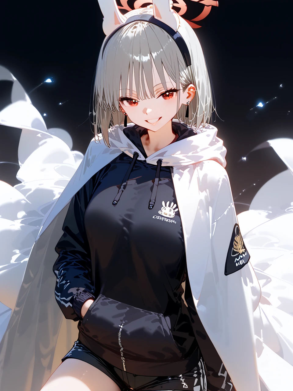           top quality,           top quality,       HIGH QUALITY ILLUSTRATION    ,             Masterpiece         ,           super high resolution  ,           detailed background ,           absurd,             perfect anatomy  、Pop Background、 detailed face   、           performance  ,    good lighting   ,     1 Girl 、Gray Hair、 bob cut 、    black hoodie    、 Big Hoodie 、 Shorts、 loose socks、Long black socks  、 white cloak、red eyes,   Earrings for one woman , White rabbit ears、 cowboy shot, smile