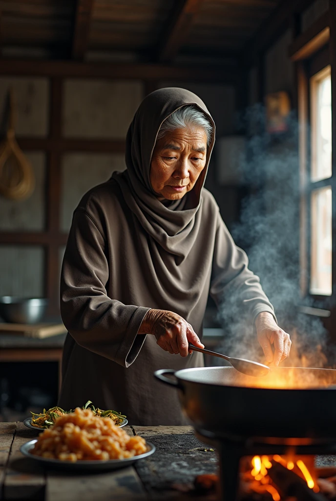 (Photorealism 1.2) high detailed definition cinematic cinematography old malay women wearing hijab cooking at the kitchen old rusty wood house smoke effect fire flame on